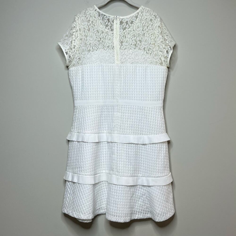 Kensie White Dress Size 14 Lace Top Tiered Pleated Ribbon Short Sleeves - Picture 9 of 14
